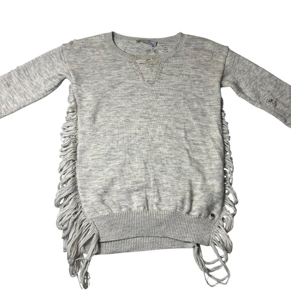 One Grey Day Fringe Sweater Women L Gray Wool Long-Sleeve Distressed Grunge Boho - Picture 1 of 14